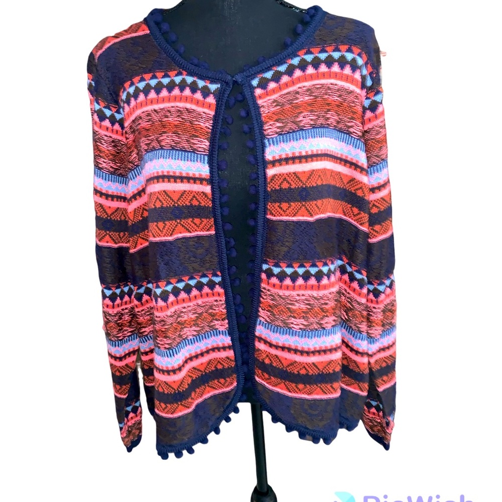 Vintage Navy, Red & Pink Patterned Pom-Pom Cardigan